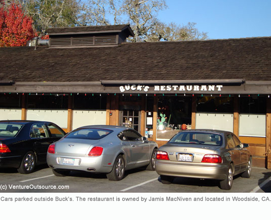 Cars parked outside Buck's of Woodside restaurant located in Woodside, CA.