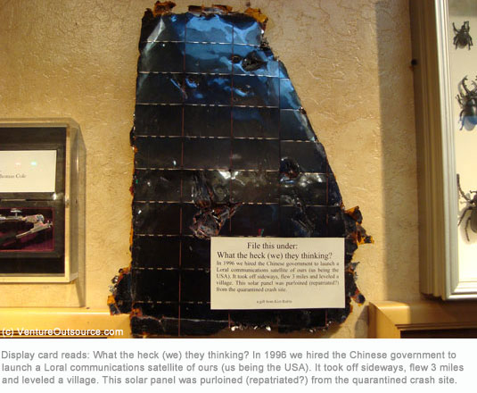 Solar panel from failed launch for Loral Communications, by China, on display at Buck's in Woodside, CA.