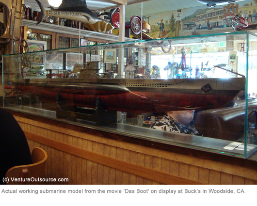 Working submarine model for movie 'Das Boot' on display at Buck's in Woodside, CA.