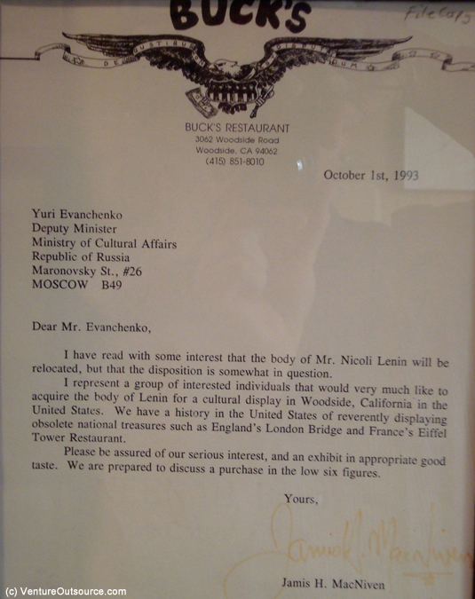 Letter from Jamis MacNiven inquiring with Russia about buying Lenin's body for display at Buck's restaurant.