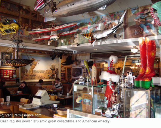 Buck's restaurant cash register amid American whacky and other collectibles.